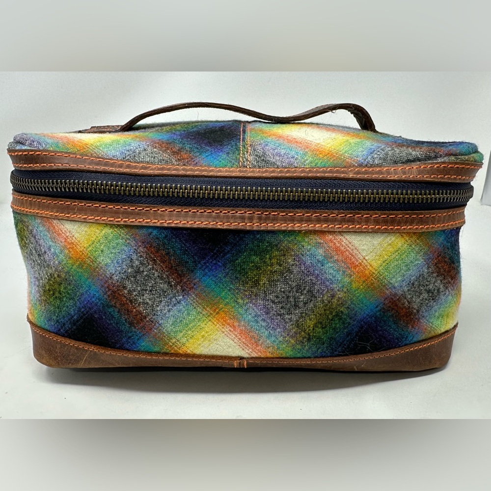 Pendleton‎ Plaid Wool Cosmetic Travel Case Toiletry Pouch Bag Leather Handle